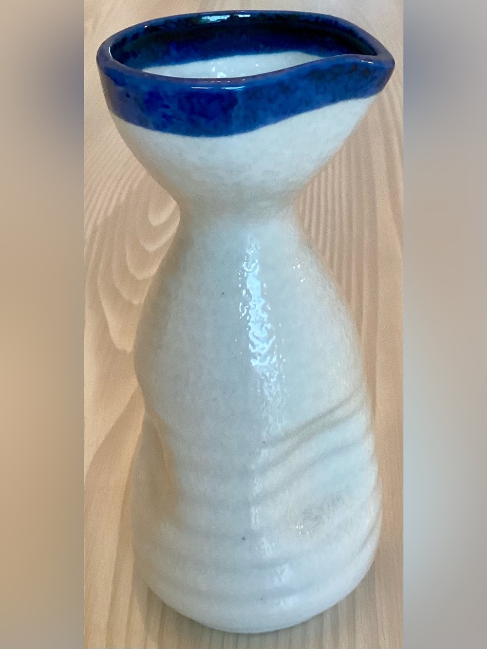 Pier 1 Imports Blue Rim White Ribbed Ceramic Sake Bottle Carafe Tokkuri Vase